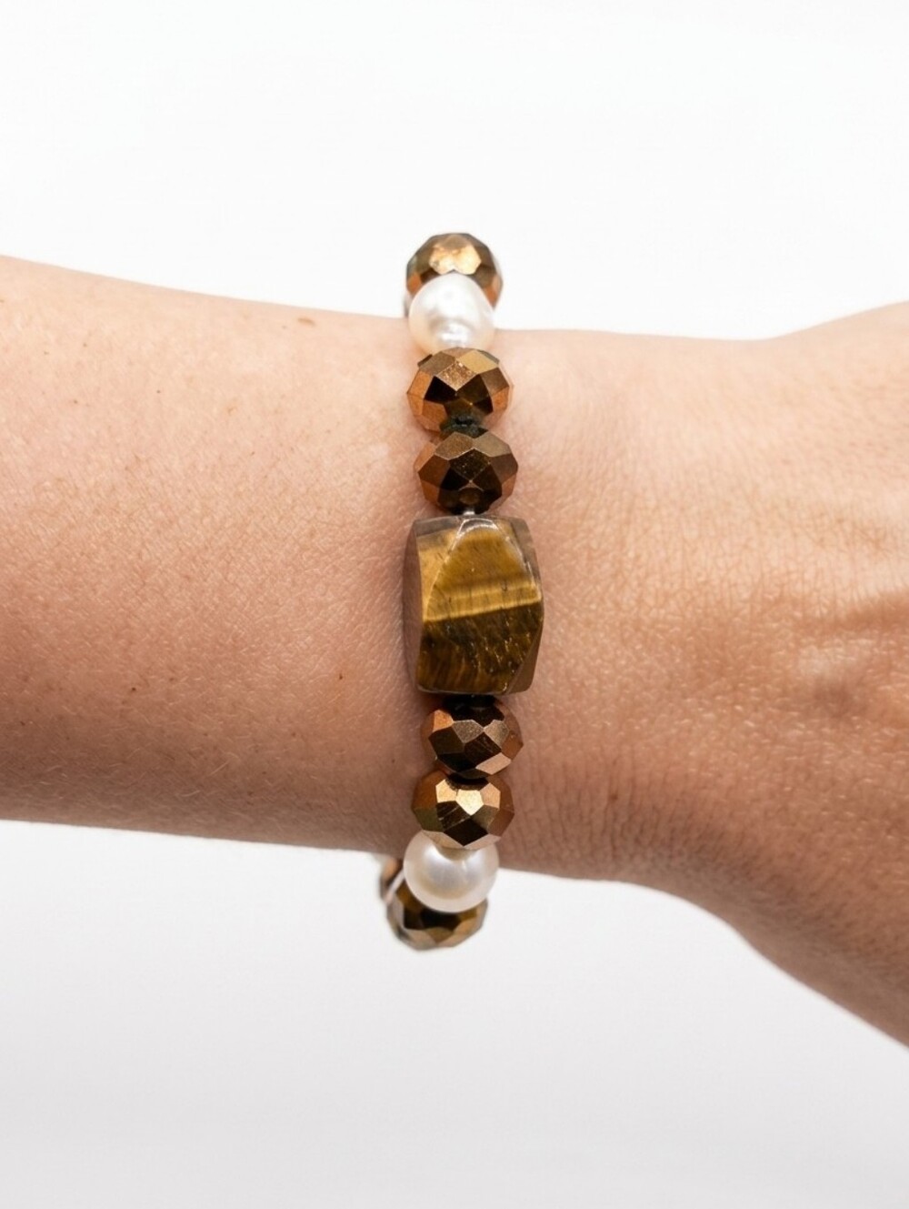 Beaded Stretch Bracelet Faux Tigers Eye Pearl Bronze Brown Natural Boho Stone